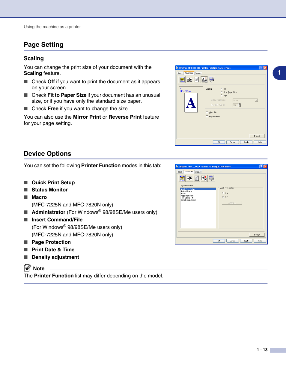 Scaling, Device options, 1page setting | Brother MFC-7820N User Manual | Page 18 / 115