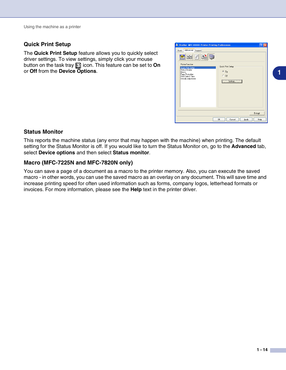 Quick print setup, Status monitor, Macro (mfc-7225n and mfc-7820n only) | Brother MFC-7820N User Manual | Page 19 / 115