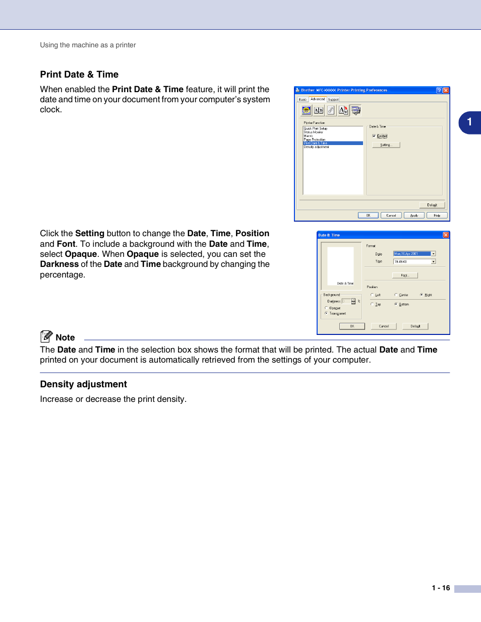 Print date & time, Density adjustment | Brother MFC-7820N User Manual | Page 21 / 115