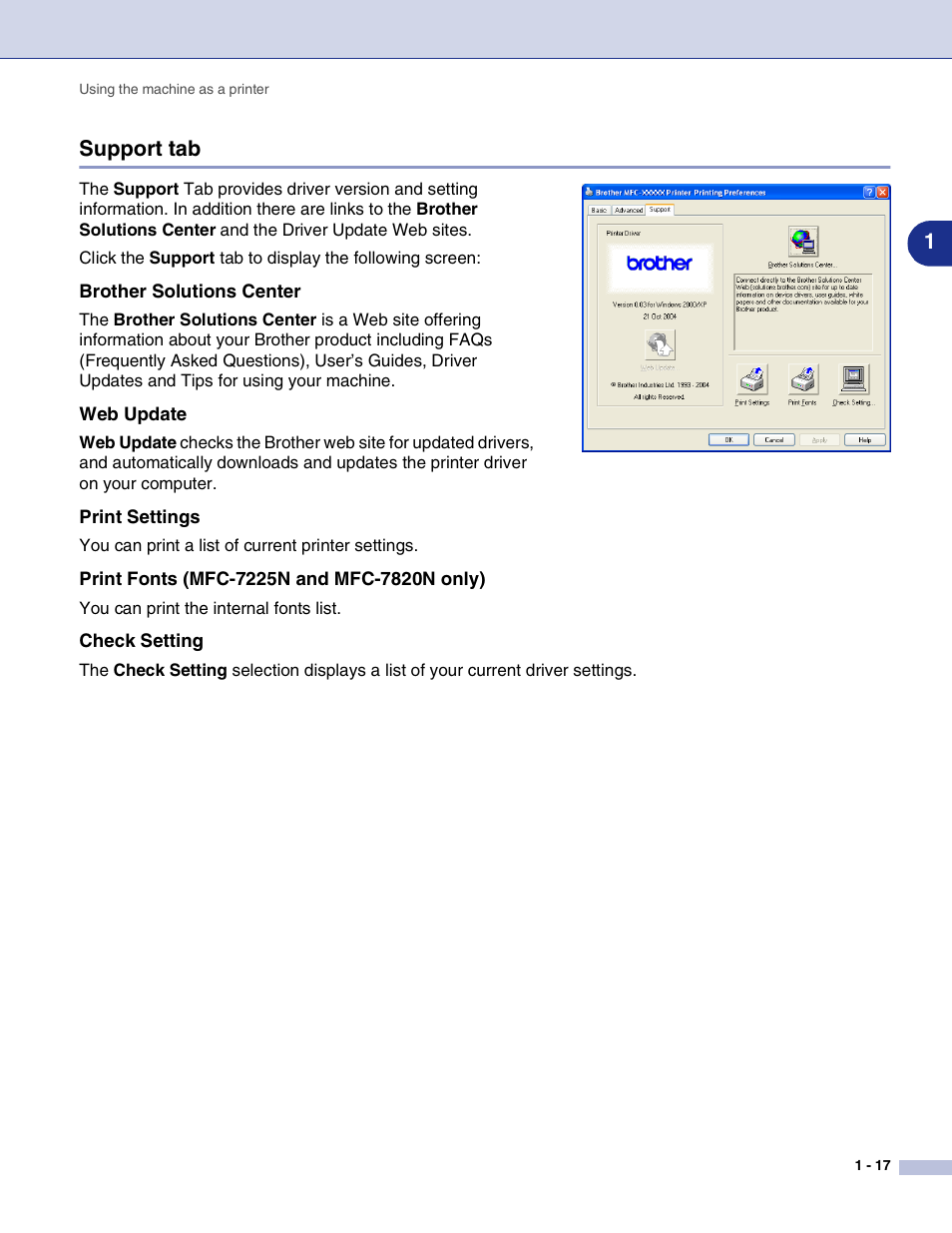 Support tab, Brother solutions center, Web update | Print settings, Print fonts (mfc-7225n and mfc-7820n only), Check setting, Support tab -17, 1support tab | Brother MFC-7820N User Manual | Page 22 / 115
