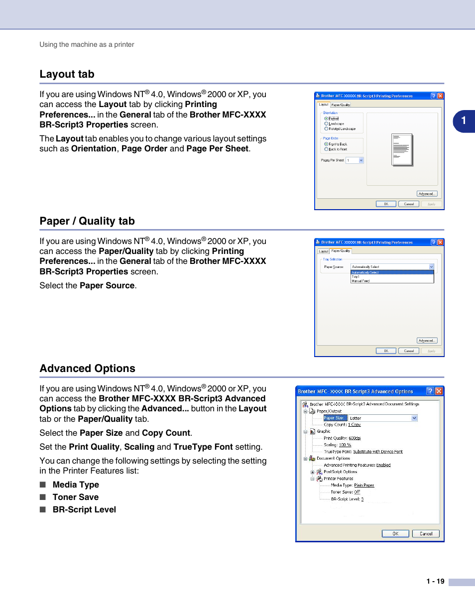Layout tab, Paper / quality tab, Advanced options | 1layout tab | Brother MFC-7820N User Manual | Page 24 / 115