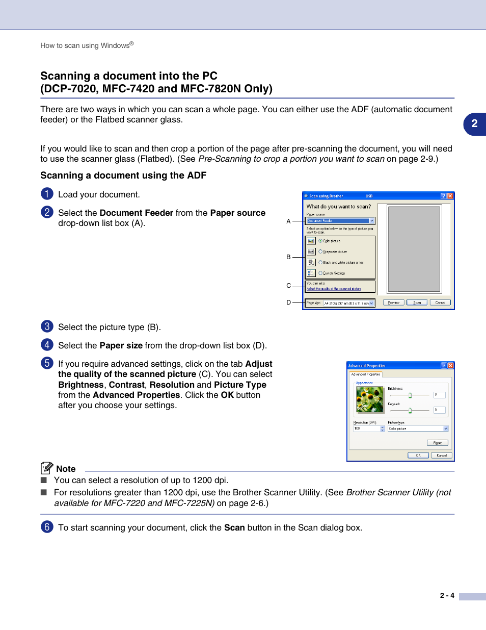 Scanning a document using the adf, Scanning a document into the pc, Dcp-7020, mfc-7420 and mfc-7820n only) -4 | Brother MFC-7820N User Manual | Page 29 / 115