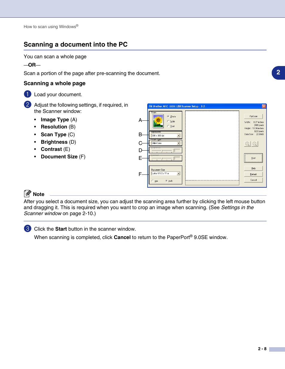 Scanning a document into the pc, Scanning a document into the pc -8, 2scanning a document into the pc | Brother MFC-7820N User Manual | Page 33 / 115