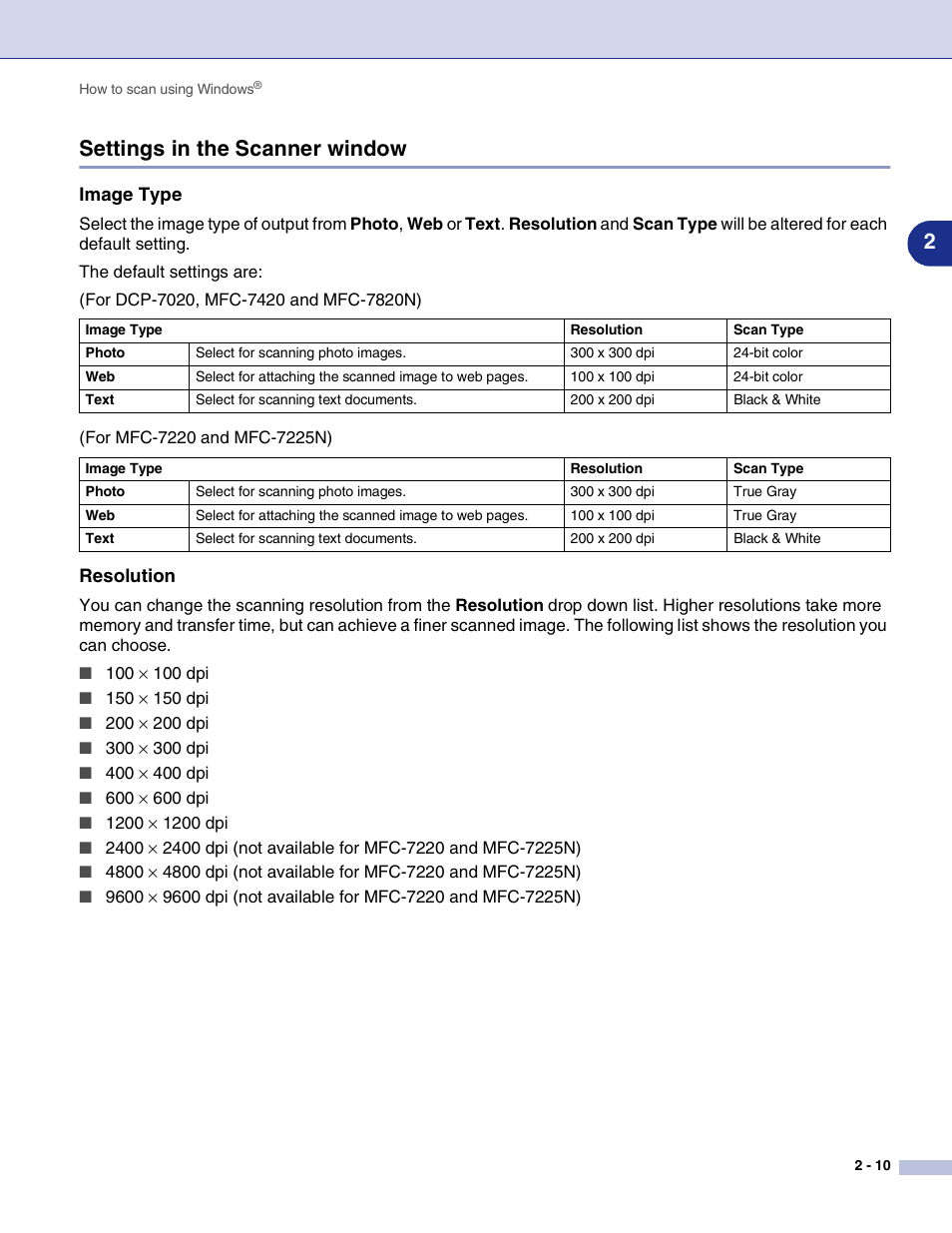 Settings in the scanner window, Image type, Resolution | Settings in the scanner window -10, 2settings in the scanner window | Brother MFC-7820N User Manual | Page 35 / 115