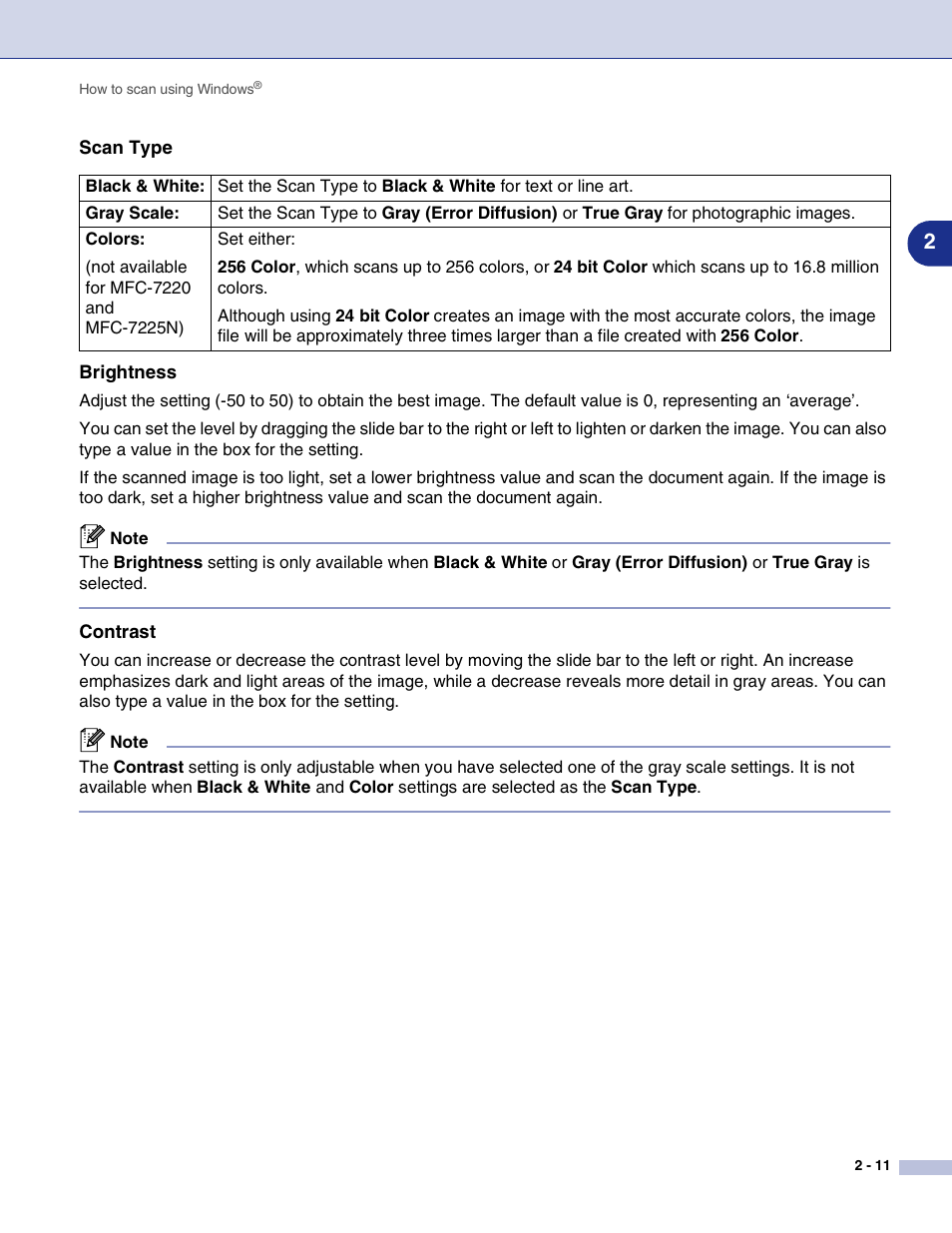 Scan type, Brightness, Contrast | Brother MFC-7820N User Manual | Page 36 / 115