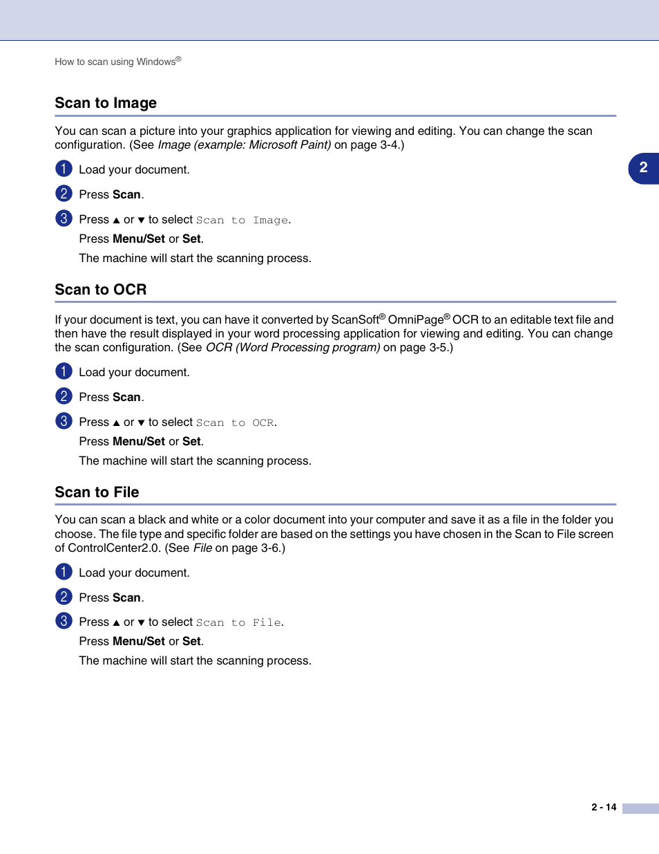 Scan to image, Scan to ocr, Scan to file | Scan to image -14 scan to ocr -14 scan to file -14 | Brother MFC-7820N User Manual | Page 39 / 115