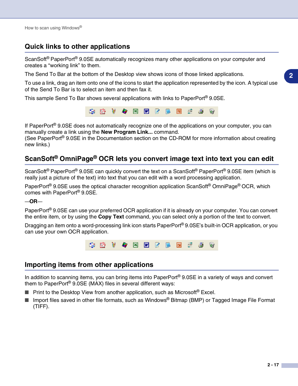 Quick links to other applications, Importing items from other applications, Quick links to other applications -17 scansoft | Ocr lets you convert image text into text, You can edit -17, Importing items from other applications -17, 2quick links to other applications, Scansoft, Omnipage | Brother MFC-7820N User Manual | Page 42 / 115