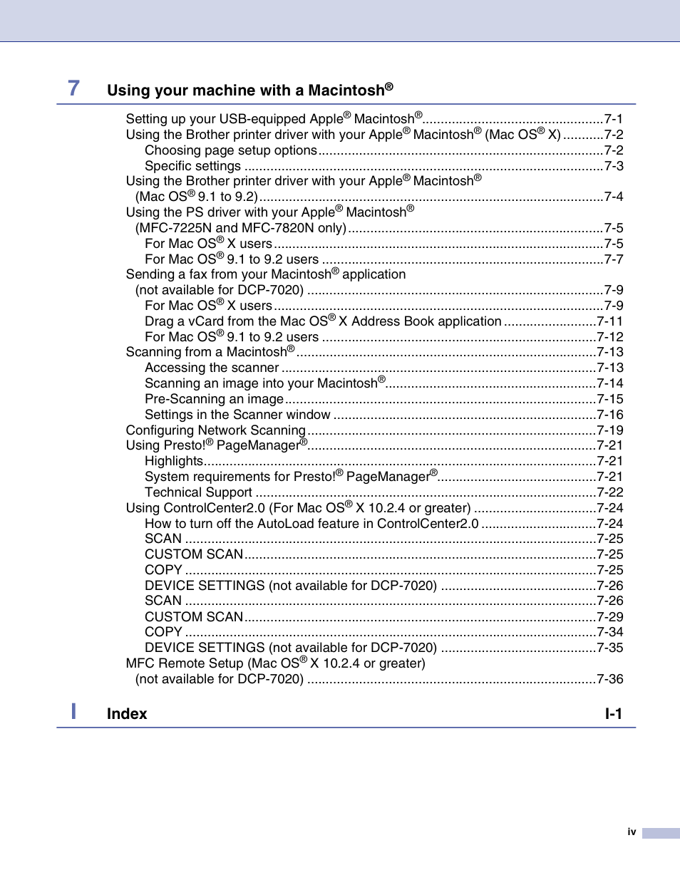 Using your machine with a macintosh, Index i-1 | Brother MFC-7820N User Manual | Page 5 / 115