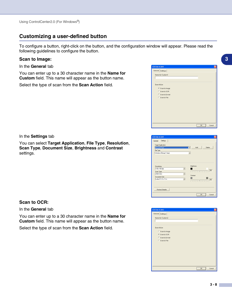 Customizing a user-defined button, Scan to image, Scan to ocr | Customizing a user-defined button -8, 3customizing a user-defined button | Brother MFC-7820N User Manual | Page 51 / 115