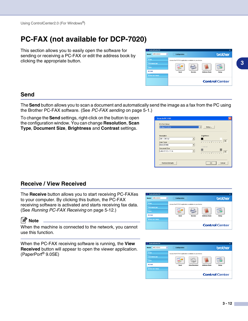 Pc-fax (not available for dcp-7020), Send, Receive / view received | Pc-fax (not available for dcp-7020) -12, Send -12 receive / view received -12 | Brother MFC-7820N User Manual | Page 55 / 115