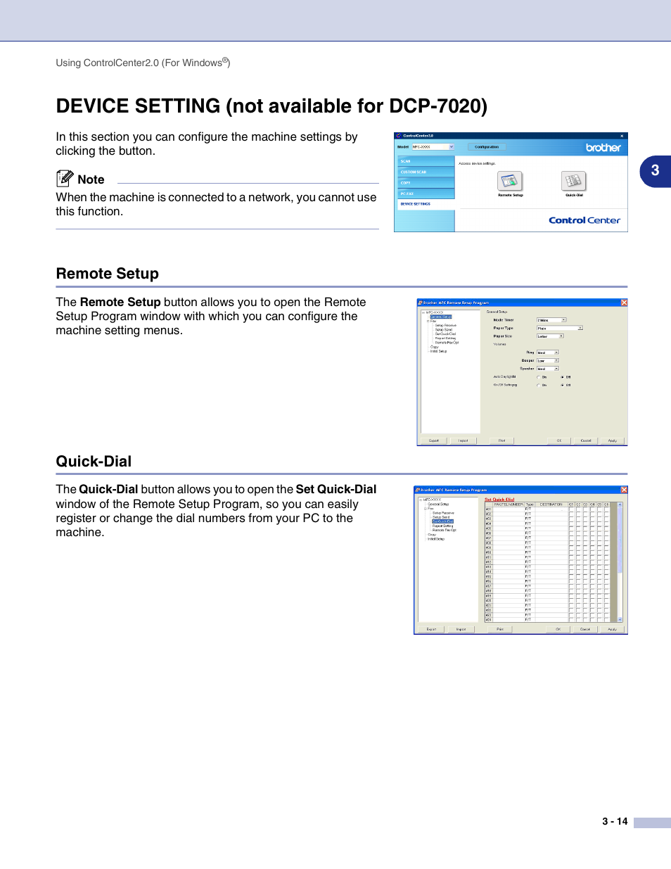 Device setting (not available for dcp-7020), Remote setup, Quick-dial | Device setting (not available for dcp-7020) -14, Remote setup -14 quick-dial -14 | Brother MFC-7820N User Manual | Page 57 / 115