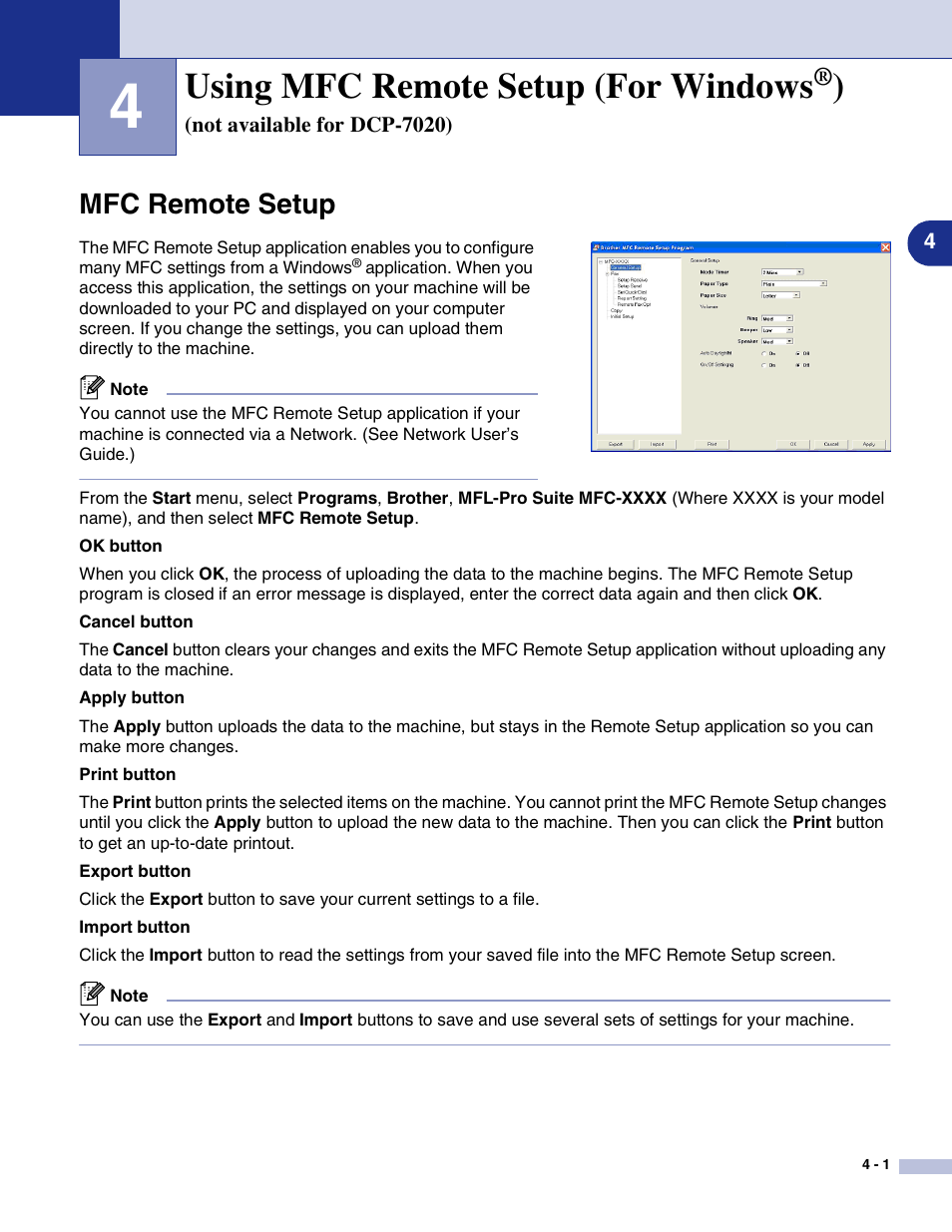 Mfc remote setup, Using mfc remote setup (for windows, Not available for dcp-7020) | Mfc remote setup -1 | Brother MFC-7820N User Manual | Page 58 / 115