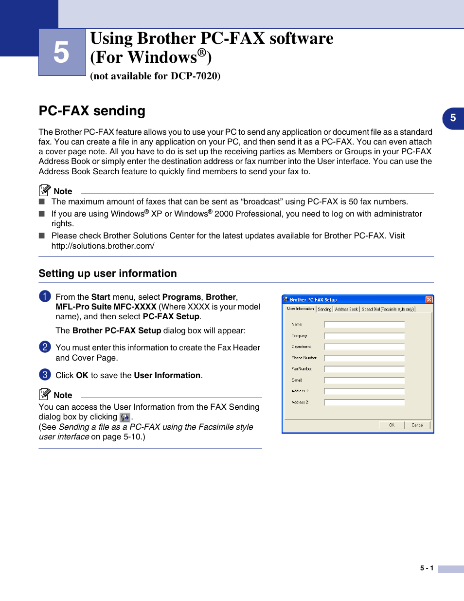 Pc-fax sending, Setting up user information, Using brother pc-fax software (for windows | Not available for dcp-7020), Pc-fax sending -1, Setting up user information -1 | Brother MFC-7820N User Manual | Page 59 / 115