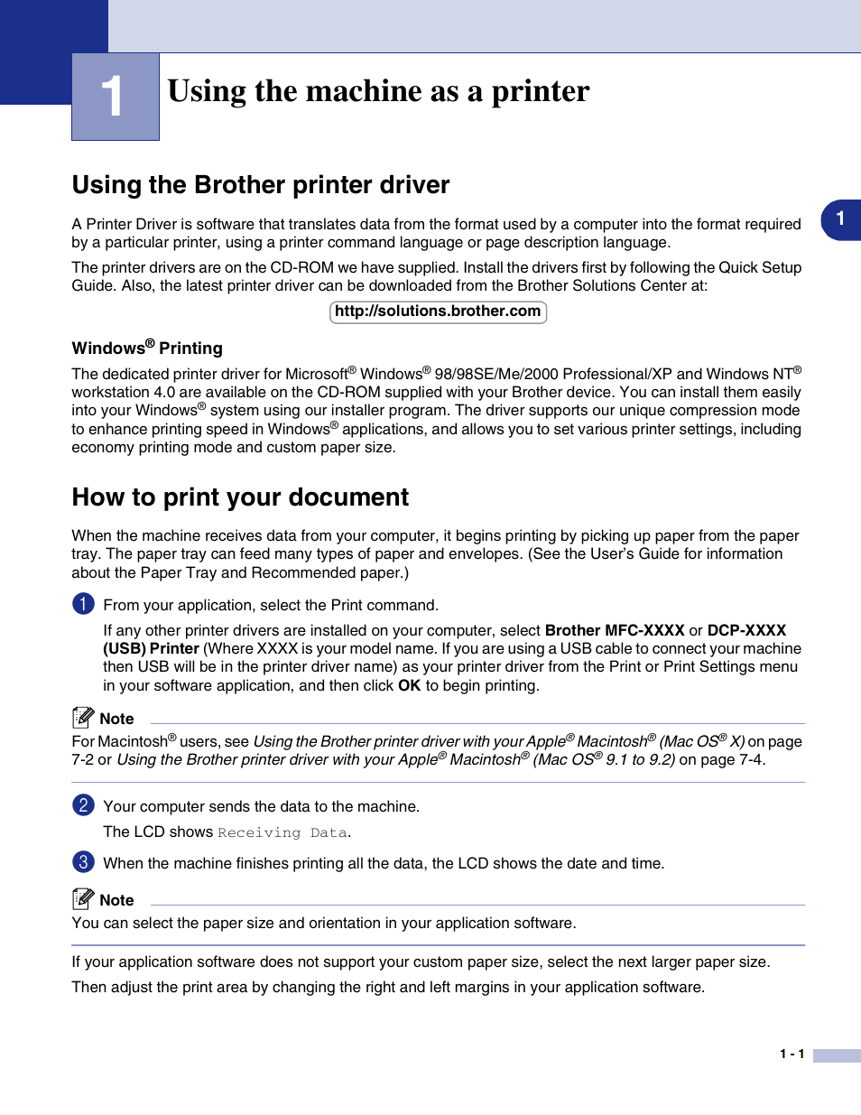 1 using the machine as a printer, Using the brother printer driver, Windows® printing | How to print your document, Using the machine as a printer | Brother MFC-7820N User Manual | Page 6 / 115
