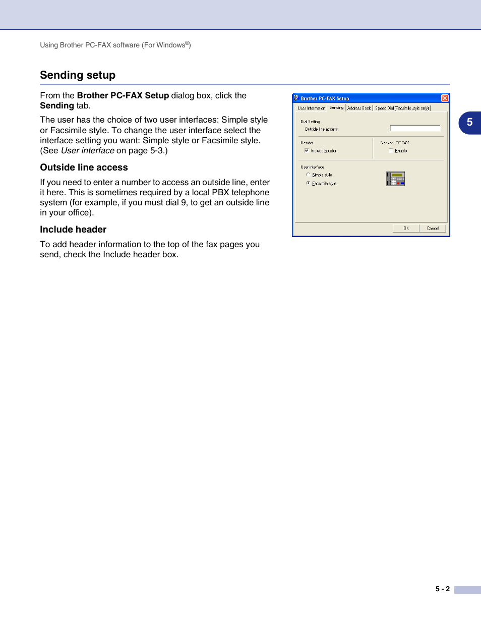 Sending setup, Outside line access, Include header | Sending setup -2, 5sending setup | Brother MFC-7820N User Manual | Page 60 / 115