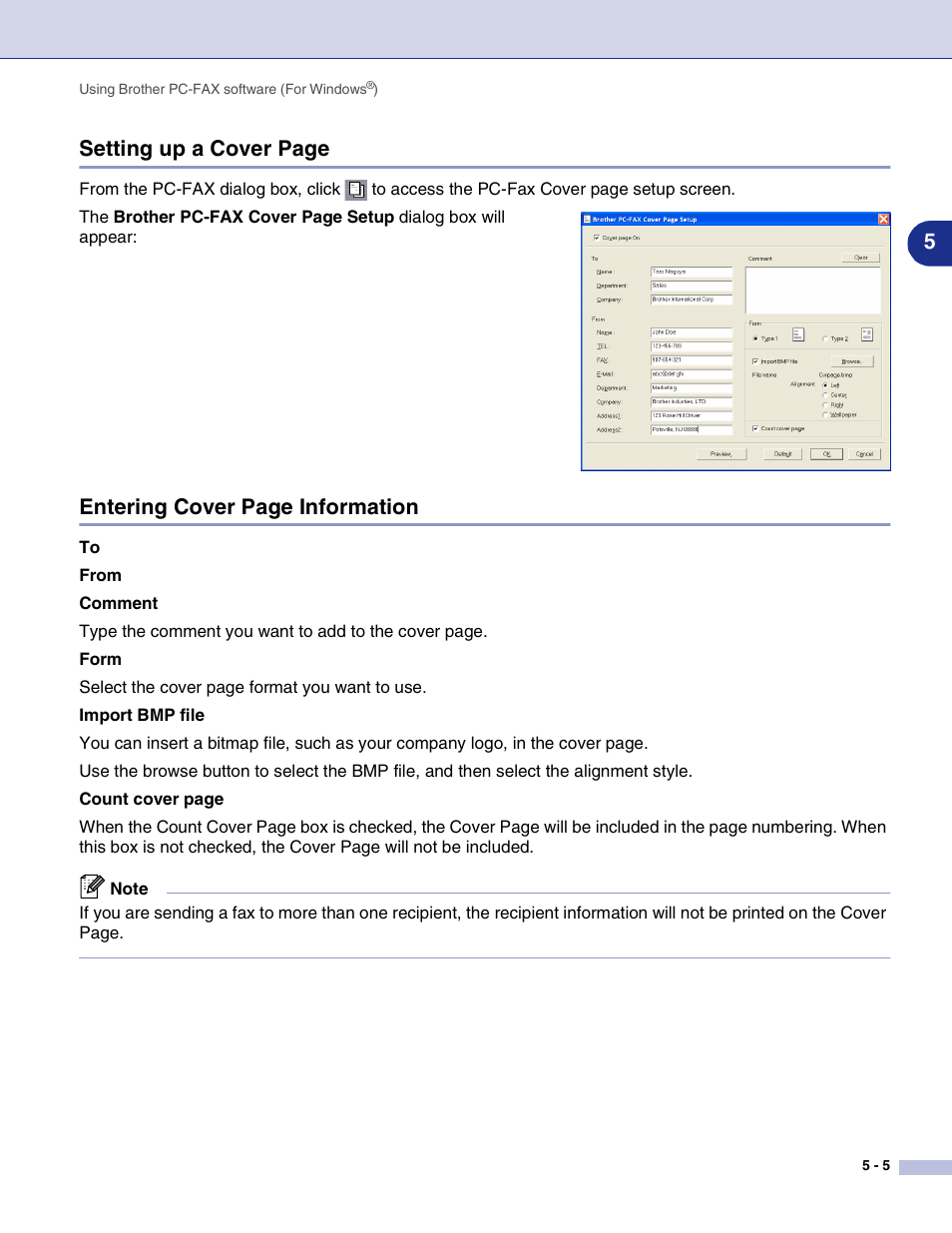 5setting up a cover page, Entering cover page information | Brother MFC-7820N User Manual | Page 63 / 115