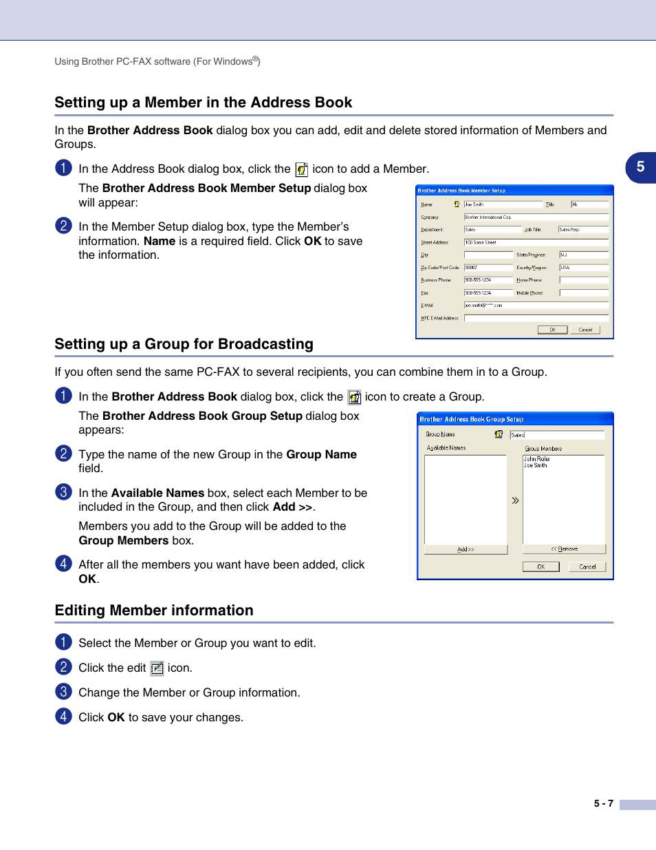 Setting up a member in the address book, Setting up a group for broadcasting, Editing member information | Brother MFC-7820N User Manual | Page 65 / 115