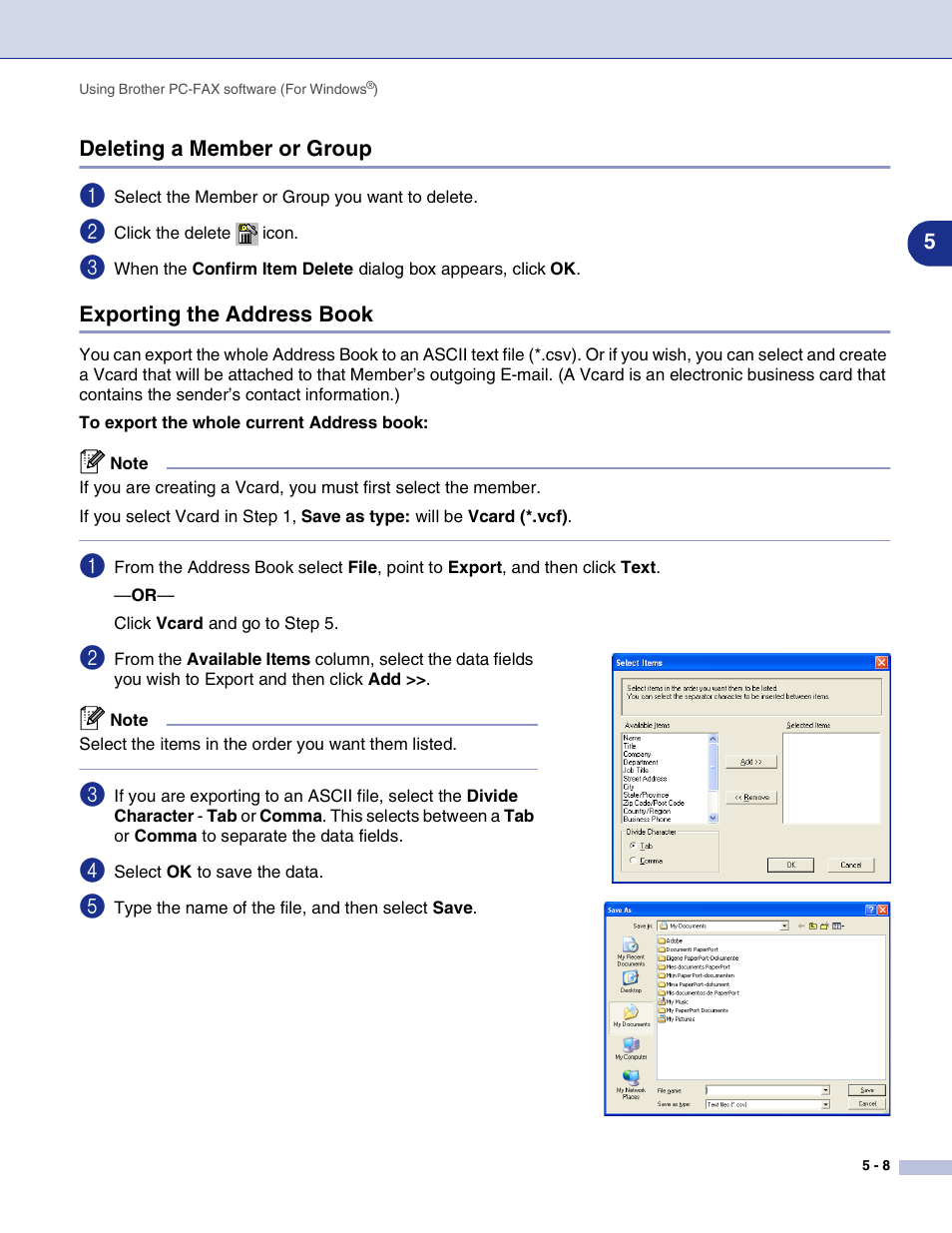 Deleting a member or group, Exporting the address book | Brother MFC-7820N User Manual | Page 66 / 115