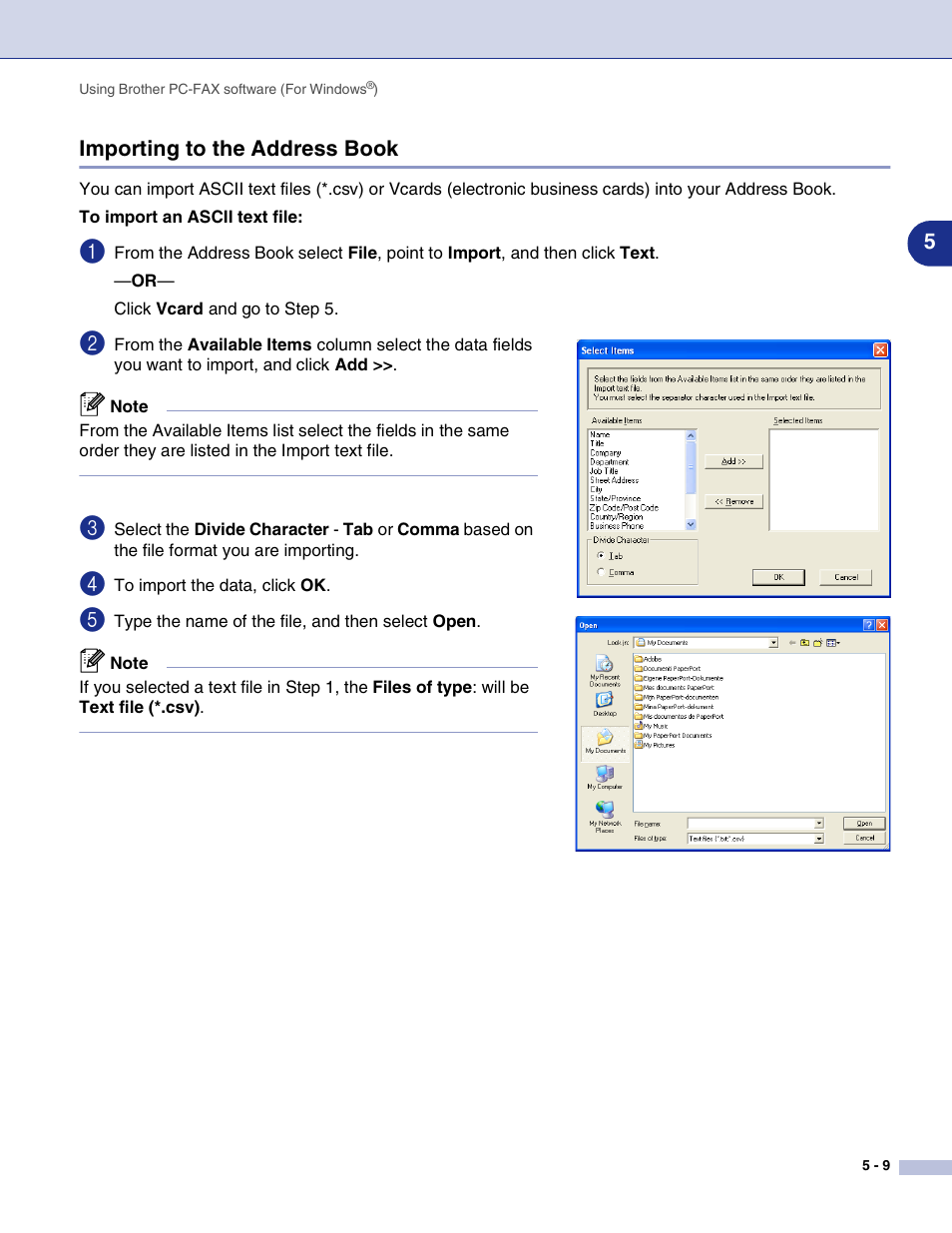 Importing to the address book, Importing to the address book -9 | Brother MFC-7820N User Manual | Page 67 / 115