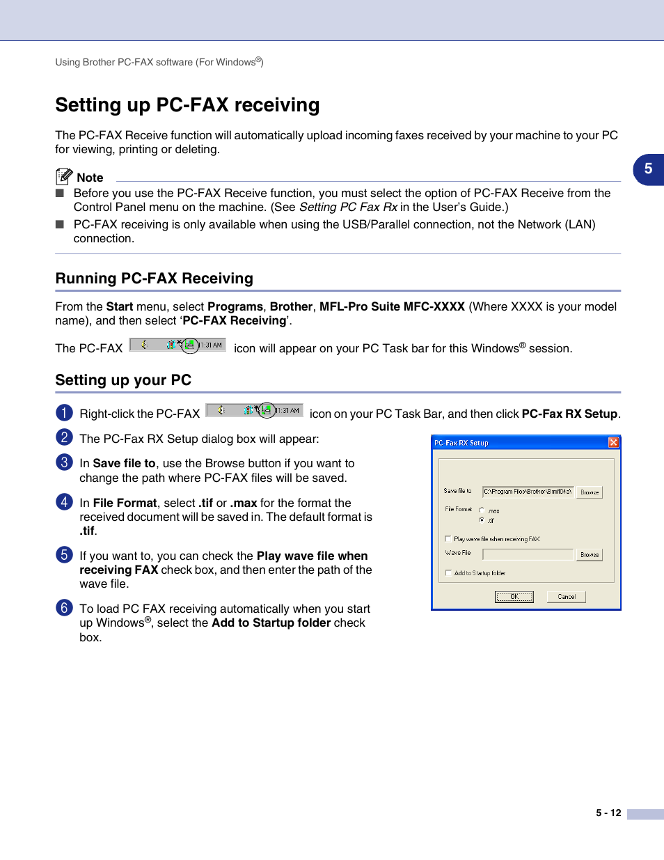 Setting up pc-fax receiving, Running pc-fax receiving, Setting up your pc | Setting up pc-fax receiving -12 | Brother MFC-7820N User Manual | Page 70 / 115