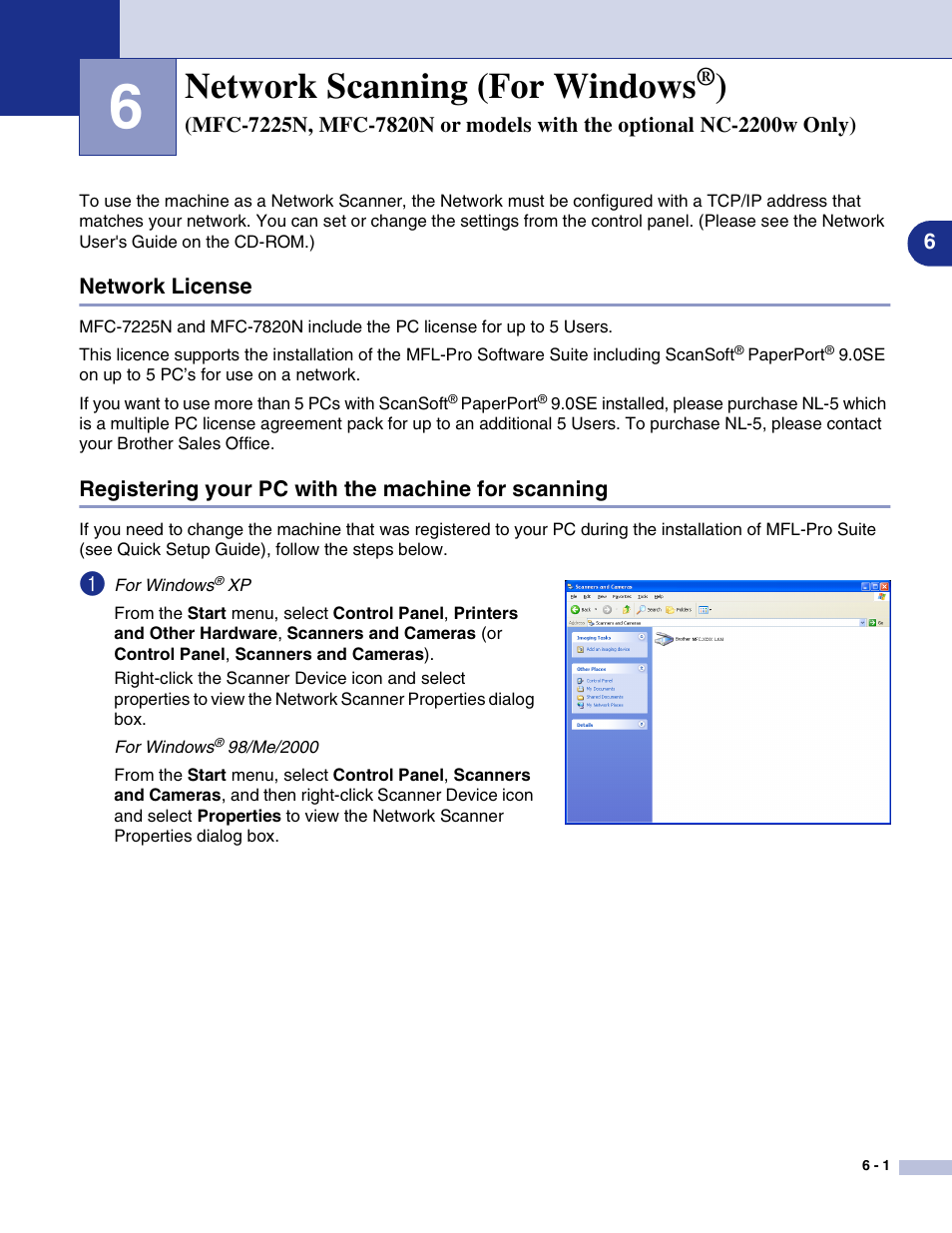 Network license, Registering your pc with the machine for scanning, Network scanning (for windows | Brother MFC-7820N User Manual | Page 72 / 115