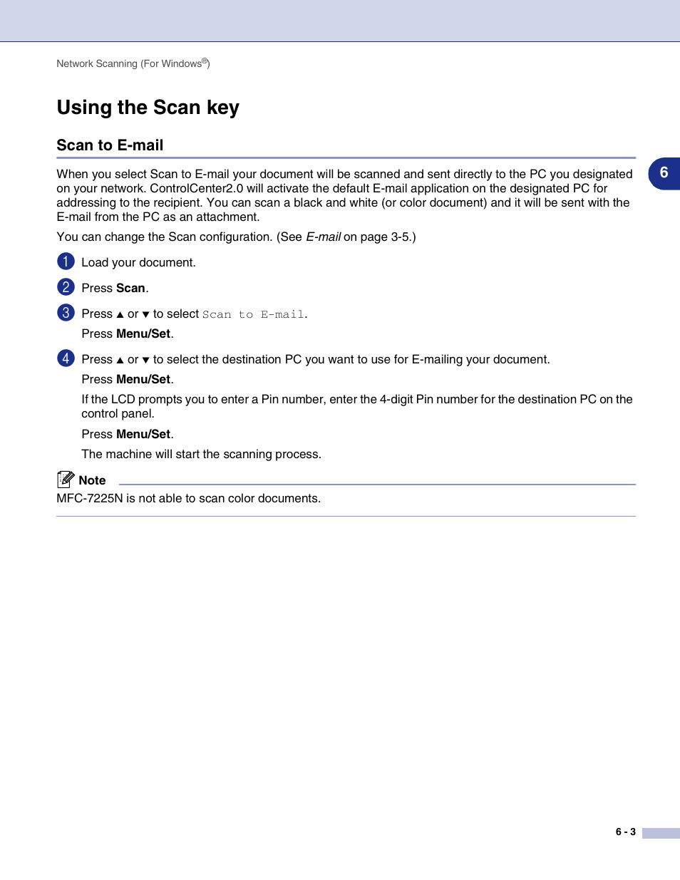 Using the scan key, Scan to e-mail, Using the scan key -3 | Scan to e-mail -3 | Brother MFC-7820N User Manual | Page 74 / 115