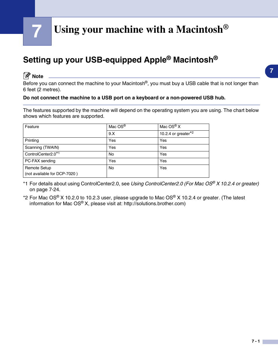 7 using your machine with a macintosh, Setting up your usb-equipped apple® macintosh, Using your machine with a macintosh | Setting up your usb-equipped apple, Macintosh | Brother MFC-7820N User Manual | Page 78 / 115