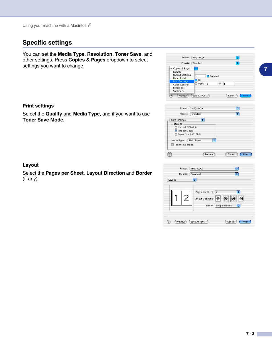 Specific settings, Specific settings -3, 7specific settings | Brother MFC-7820N User Manual | Page 80 / 115