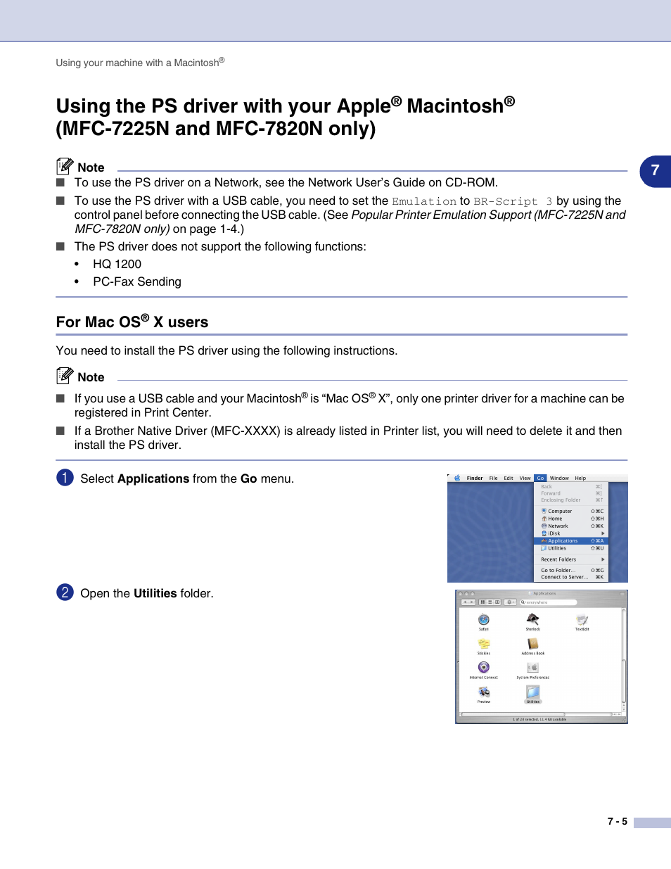 For mac os® x users, Using the ps driver with your apple, Macintosh | Mfc-7225n and mfc-7820n only) -5, For mac os, X users -5 | Brother MFC-7820N User Manual | Page 82 / 115