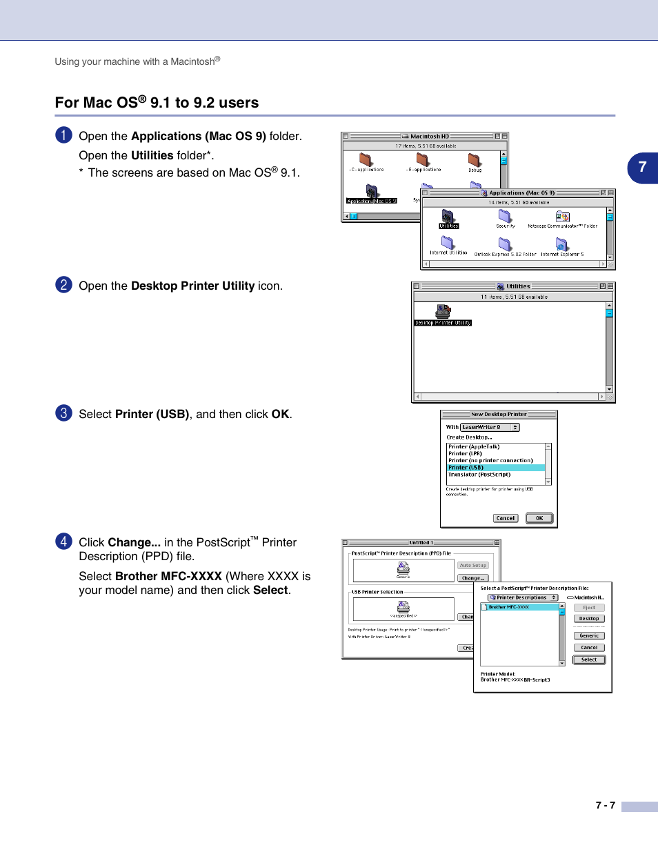 For mac os® 9.1 to 9.2 users, For mac os, 1 to 9.2 users -7 | Brother MFC-7820N User Manual | Page 84 / 115