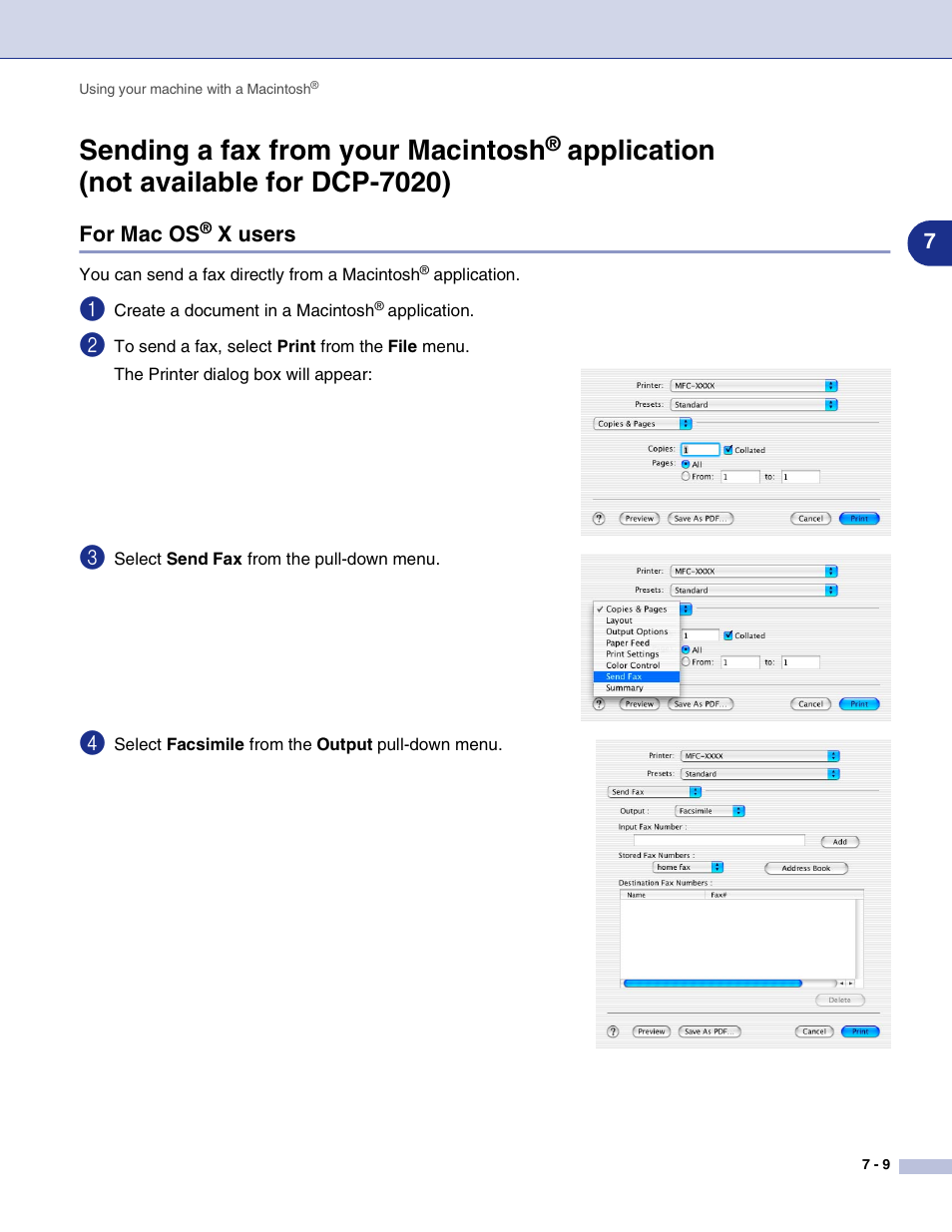 For mac os® x users, Sending a fax from your macintosh, Application | Not available for dcp-7020) -9, For mac os, X users -9, Application (not available for dcp-7020) | Brother MFC-7820N User Manual | Page 86 / 115