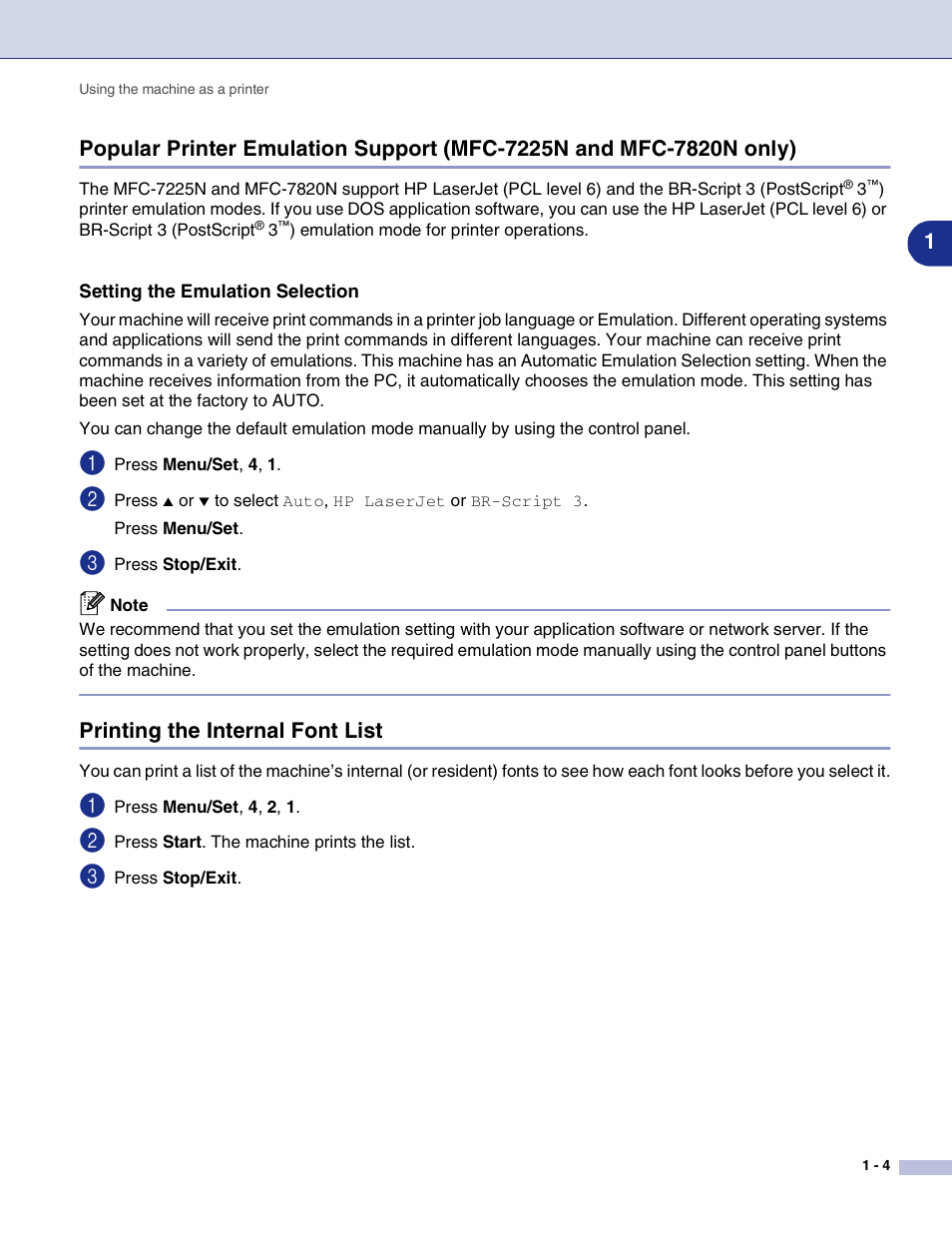 Setting the emulation selection, Printing the internal font list | Brother MFC-7820N User Manual | Page 9 / 115