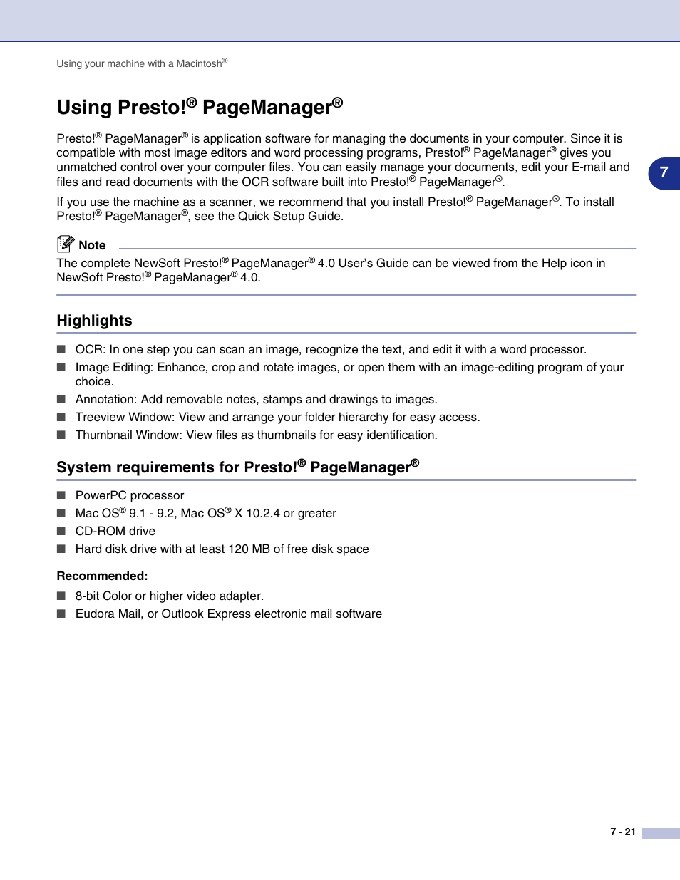 Highlights, Using presto, Highlights -21 system requirements for presto | Pagemanager, System requirements for presto | Brother MFC-7820N User Manual | Page 98 / 115