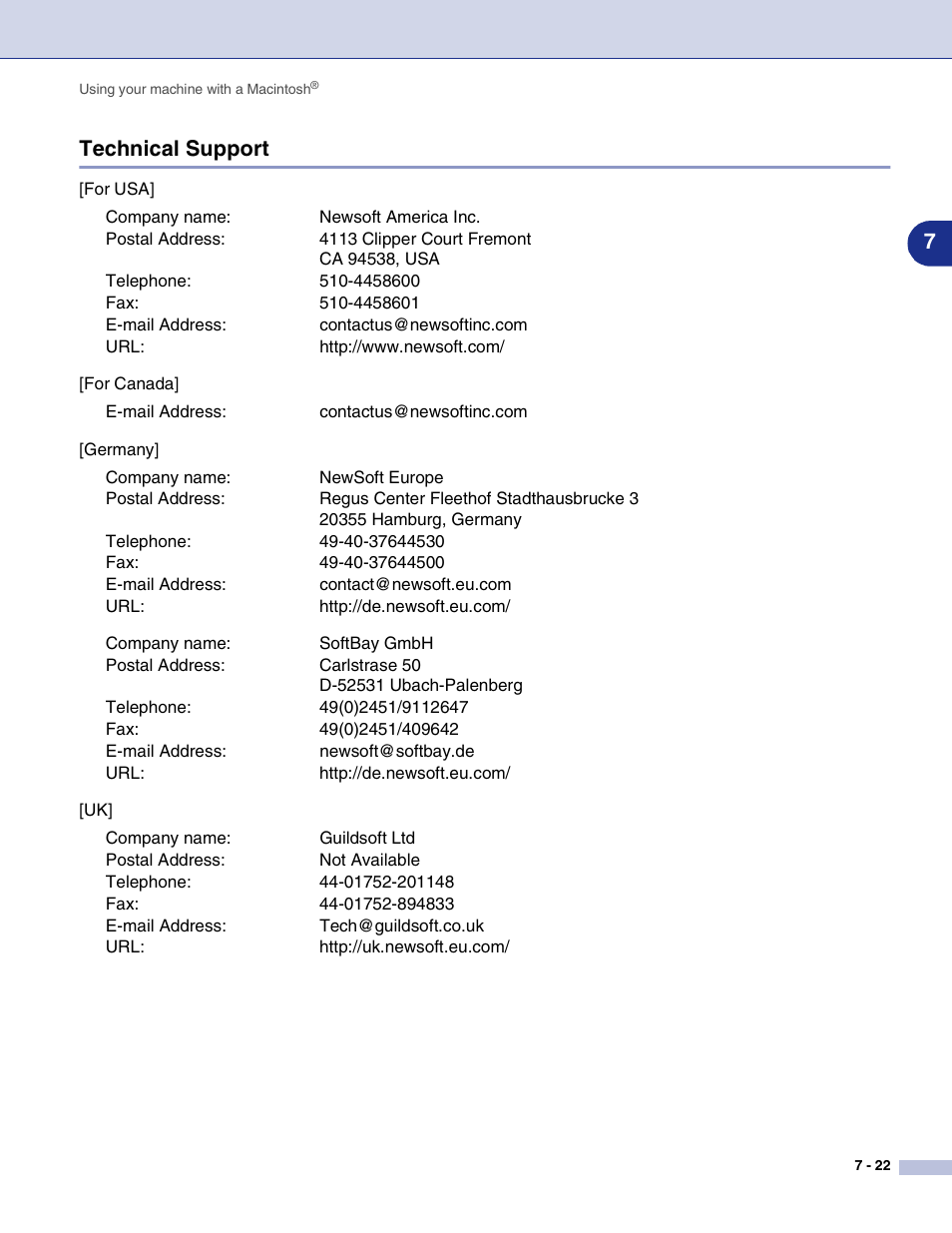 Technical support, Technical support -22, 7technical support | Brother MFC-7820N User Manual | Page 99 / 115