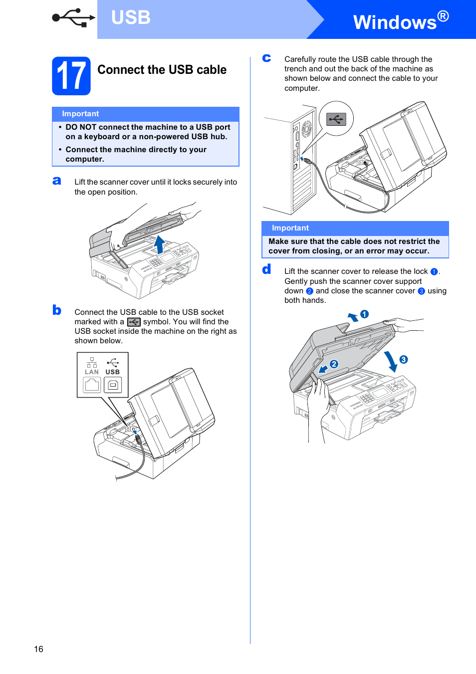 17 connect the usb cable, Windows, Connect the usb cable | Brother MFC-5890CN User Manual | Page 16 / 33
