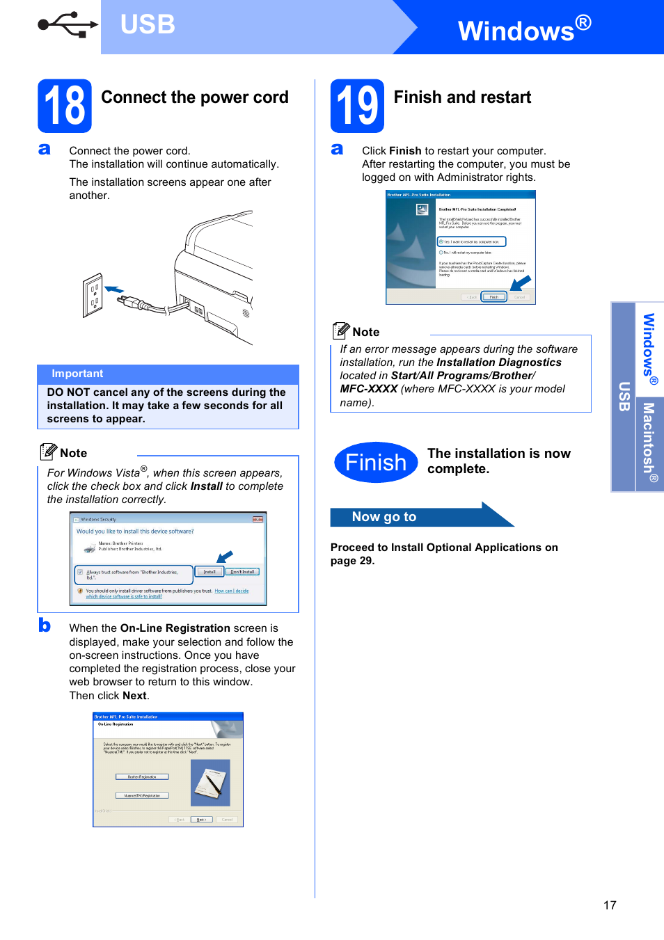 18 connect the power cord, 19 finish and restart, Windows | Finish | Brother MFC-5890CN User Manual | Page 17 / 33