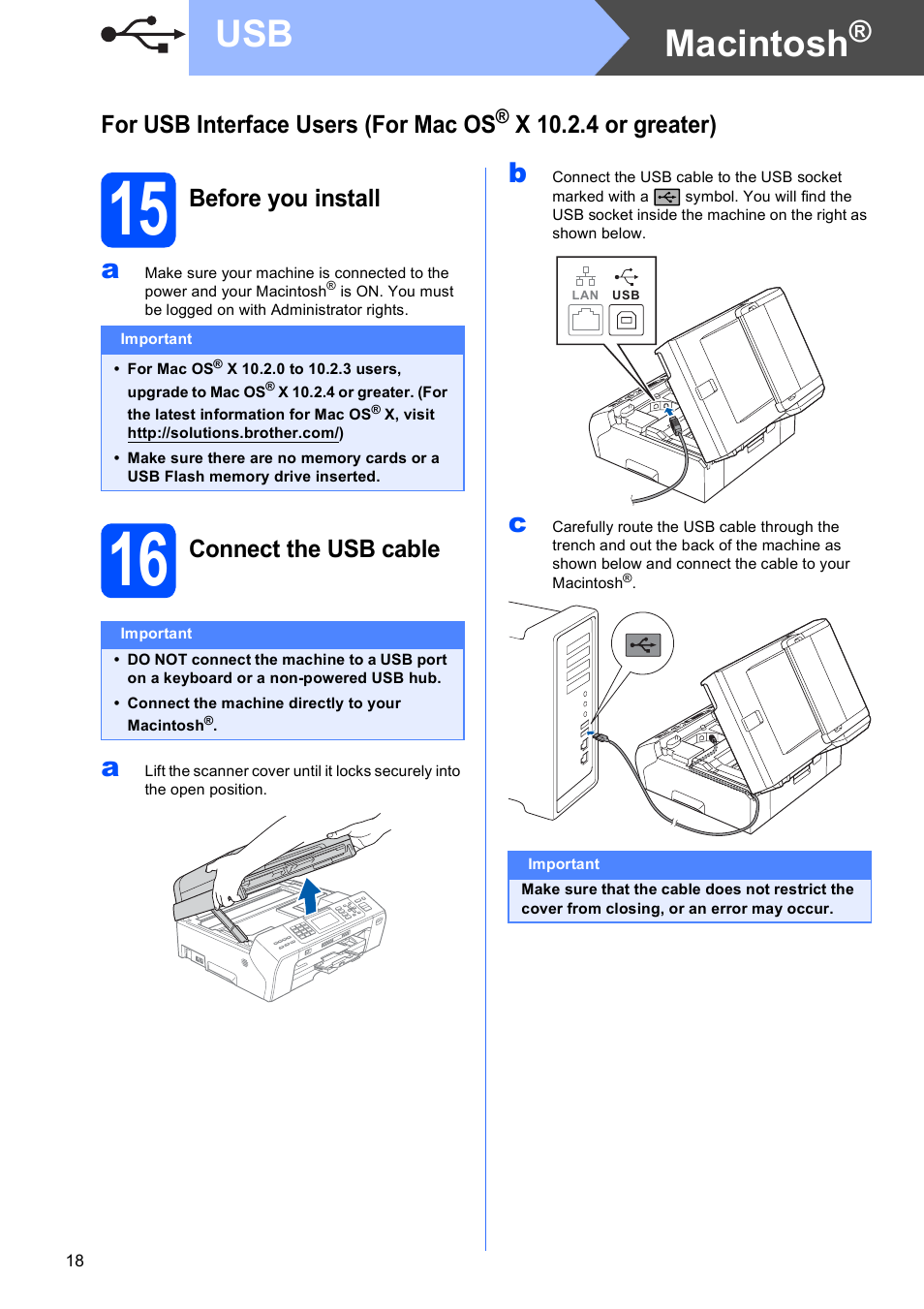 15 before you install, 16 connect the usb cable, Macintosh | For usb interface users (for mac os, X 10.2.4 or greater), Before you install, Connect the usb cable | Brother MFC-5890CN User Manual | Page 18 / 33