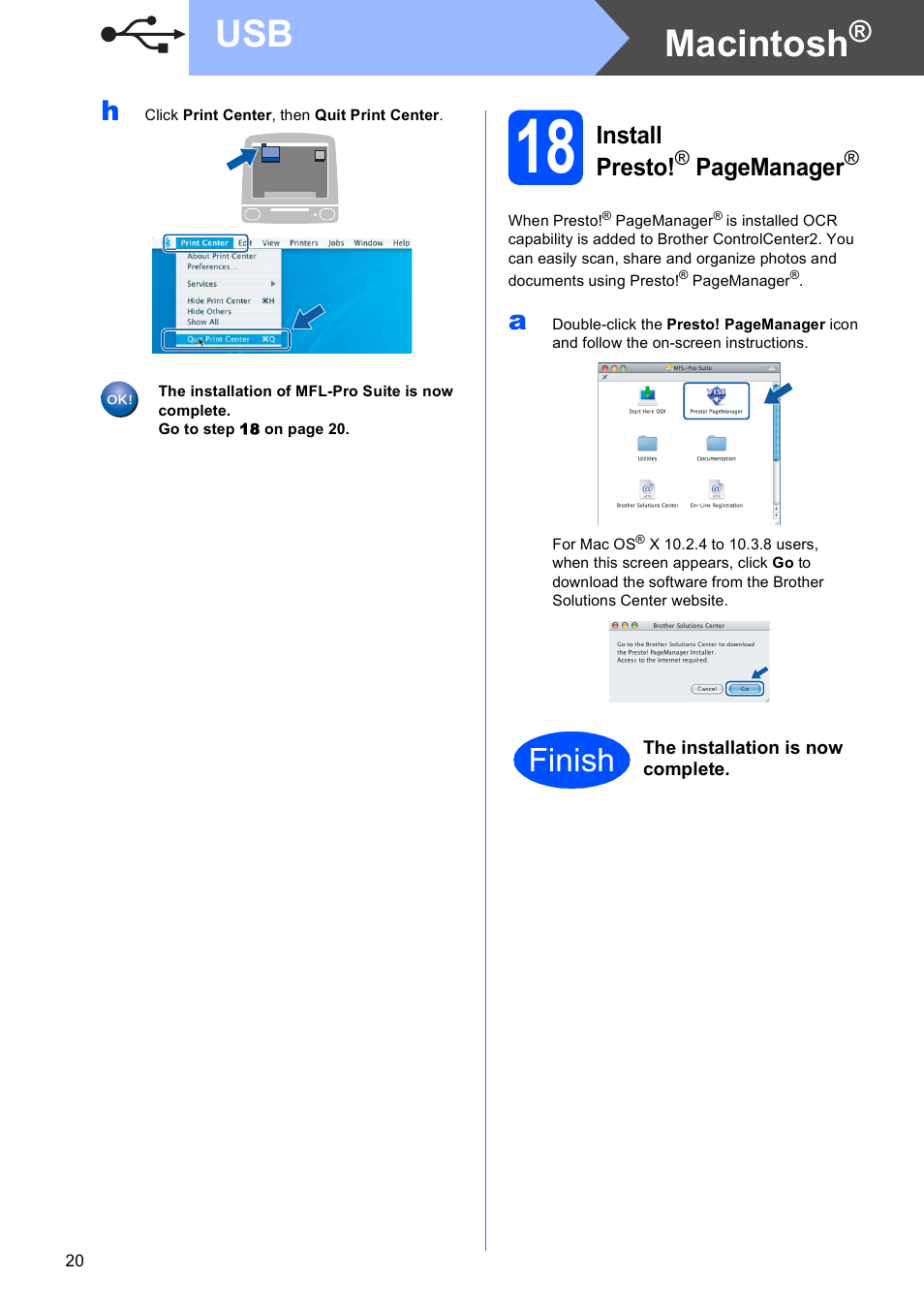 Macintosh, Finish, Install presto | Pagemanager | Brother MFC-5890CN User Manual | Page 20 / 33