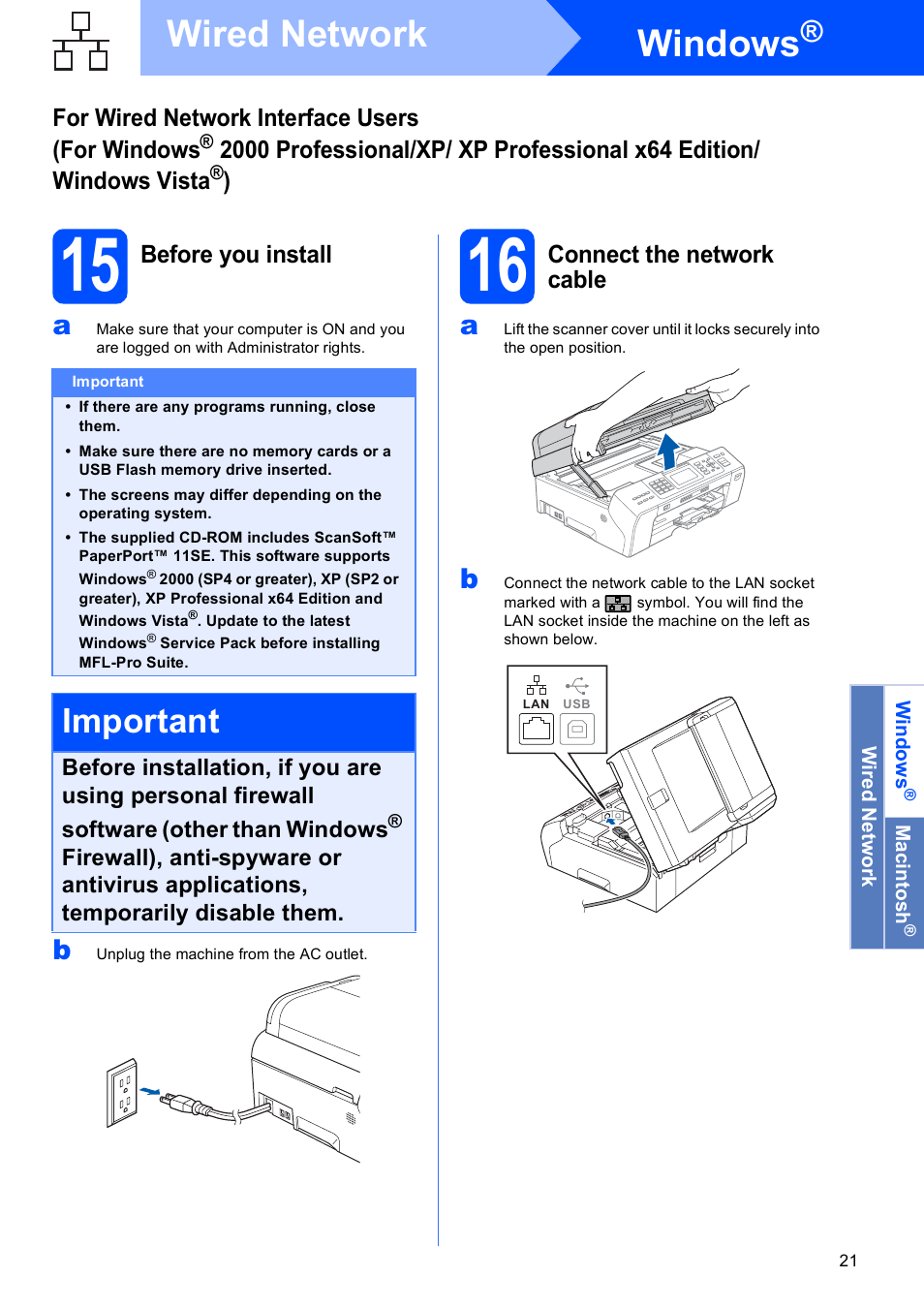 15 before you install, 16 connect the network cable, Windows | Wired network, Important | Brother MFC-5890CN User Manual | Page 21 / 33