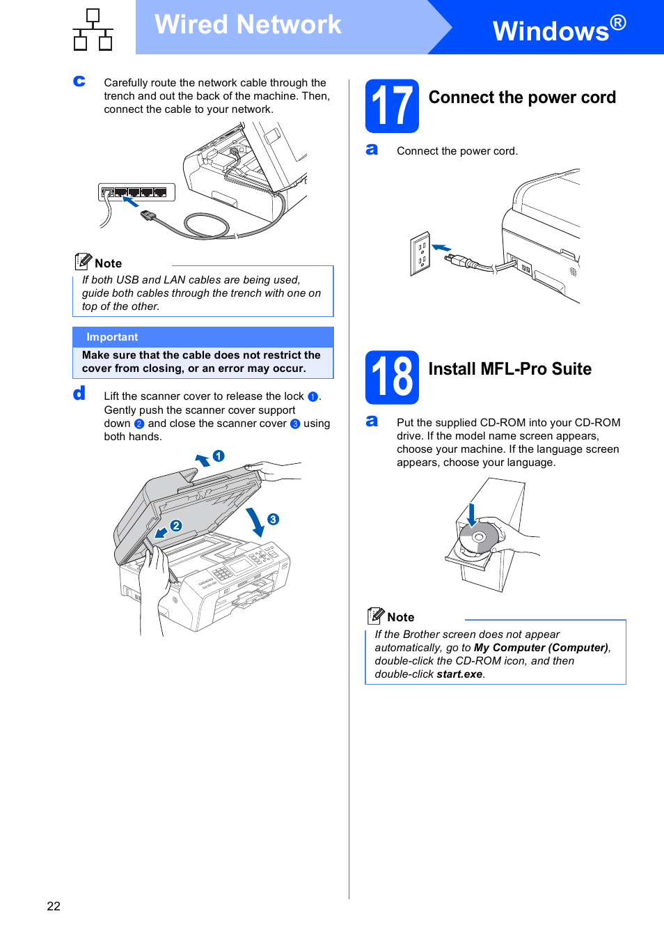 17 connect the power cord, 18 install mfl-pro suite, Windows | Wired network | Brother MFC-5890CN User Manual | Page 22 / 33