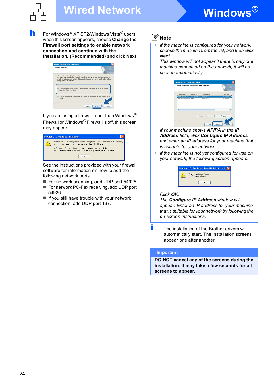 Windows, Wired network | Brother MFC-5890CN User Manual | Page 24 / 33