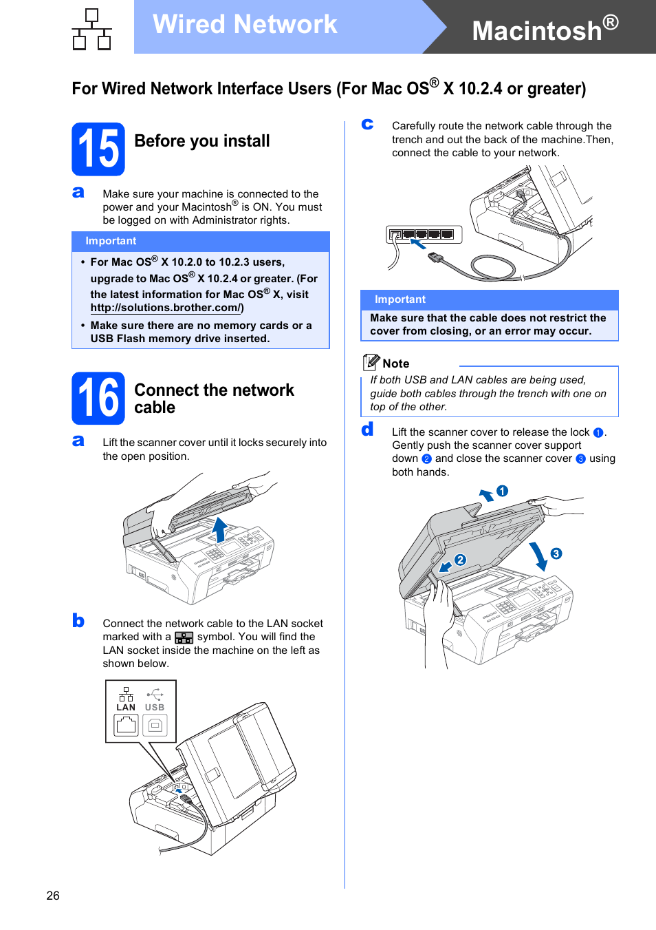 15 before you install, 16 connect the network cable, Macintosh | Wired network, For wired network interface users (for mac os, X 10.2.4 or greater), Before you install, Connect the network cable | Brother MFC-5890CN User Manual | Page 26 / 33