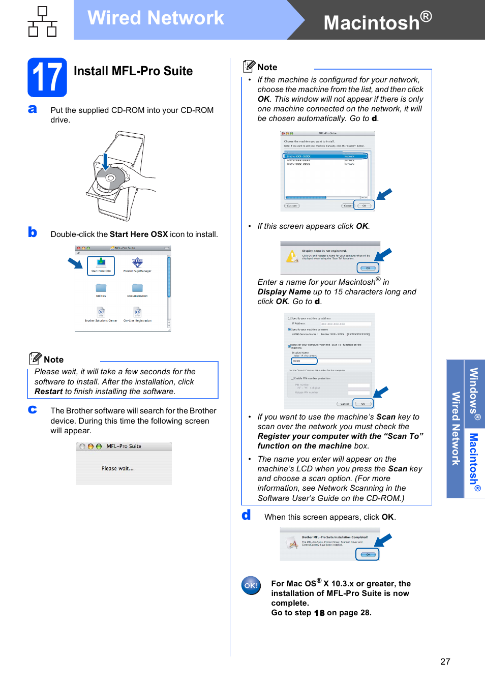 17 install mfl-pro suite, Macintosh, Wired network | Install mfl-pro suite | Brother MFC-5890CN User Manual | Page 27 / 33