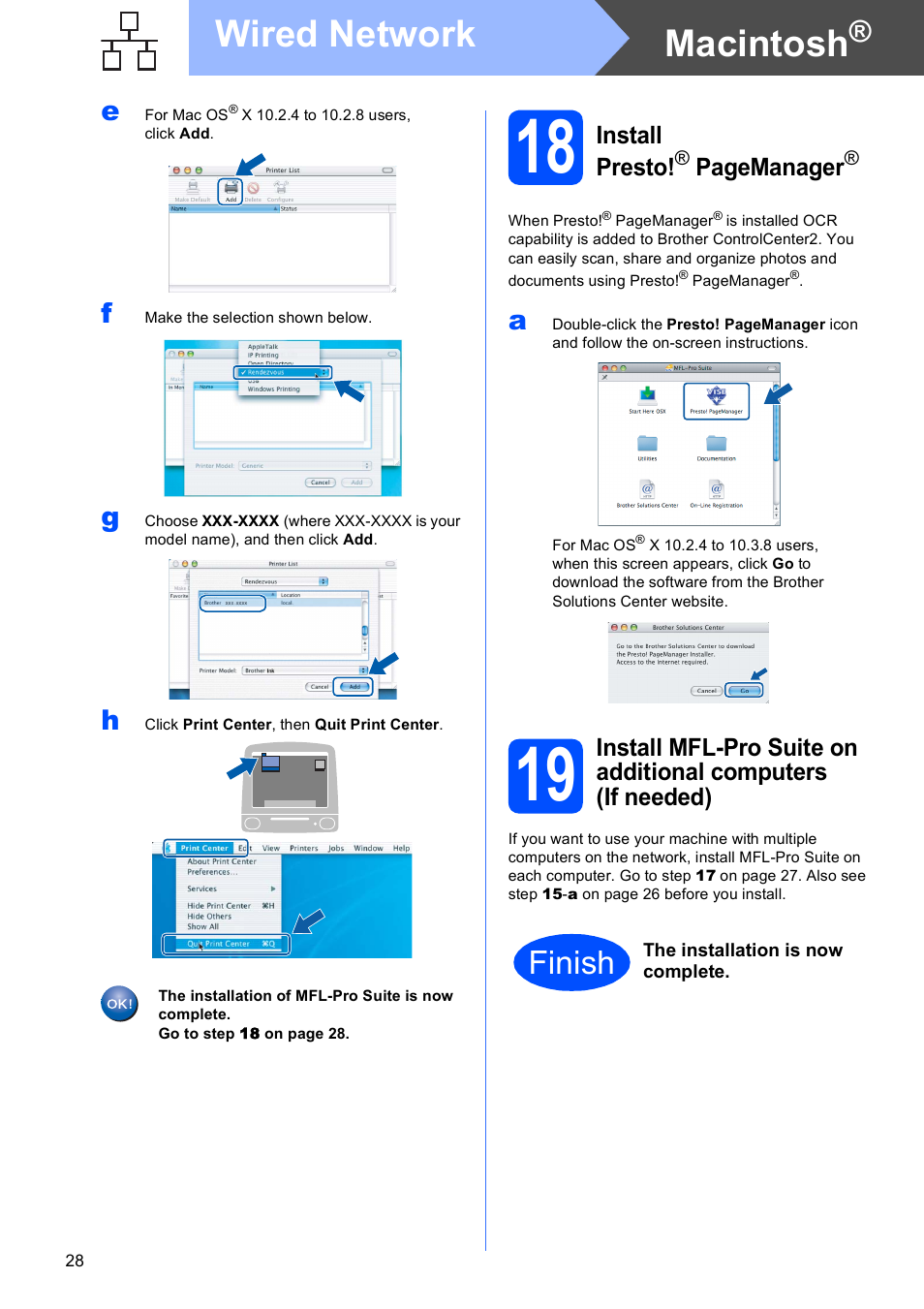 18 on, Macintosh, Wired network | Finish, Install presto, Pagemanager | Brother MFC-5890CN User Manual | Page 28 / 33