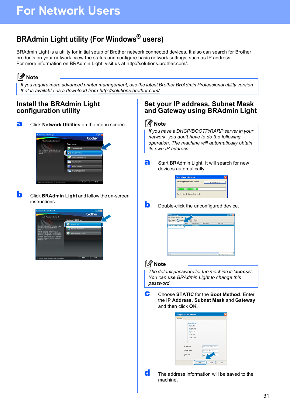 For network users, Bradmin light utility (for windows® users), Install the bradmin light configuration utility | Bradmin light utility (for windows, Users) | Brother MFC-5890CN User Manual | Page 31 / 33