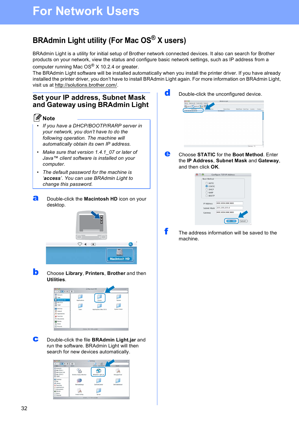 Bradmin light utility (for mac os® x users), For network users, Bradmin light utility (for mac os | X users) | Brother MFC-5890CN User Manual | Page 32 / 33