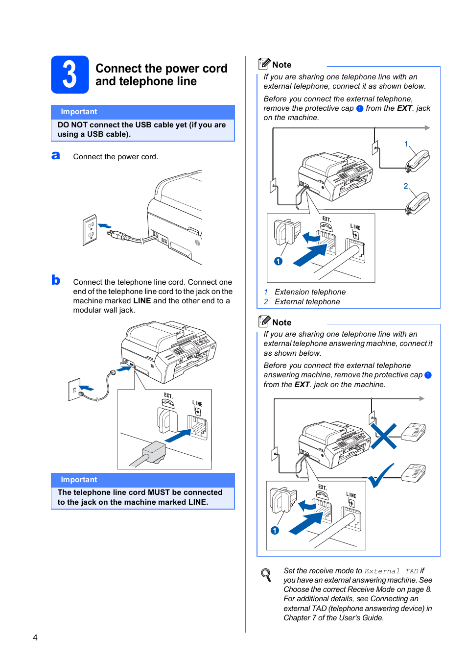 3 connect the power cord and telephone line, Connect the power cord and telephone line | Brother MFC-5890CN User Manual | Page 4 / 33