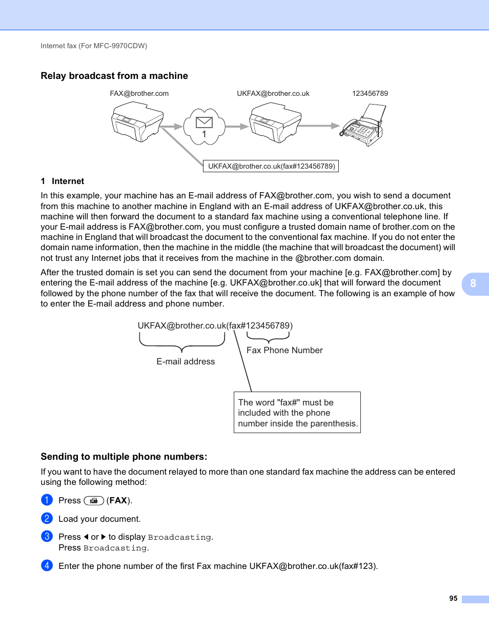 Relay broadcast from a machine, Sending to multiple phone numbers | Brother MFC 9970CDW User Manual | Page 100 / 163