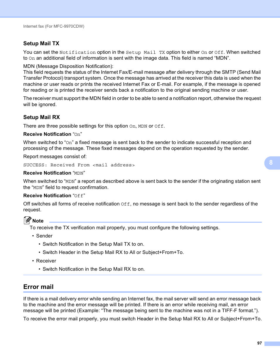 Setup mail tx, Setup mail rx, Error mail | Brother MFC 9970CDW User Manual | Page 102 / 163