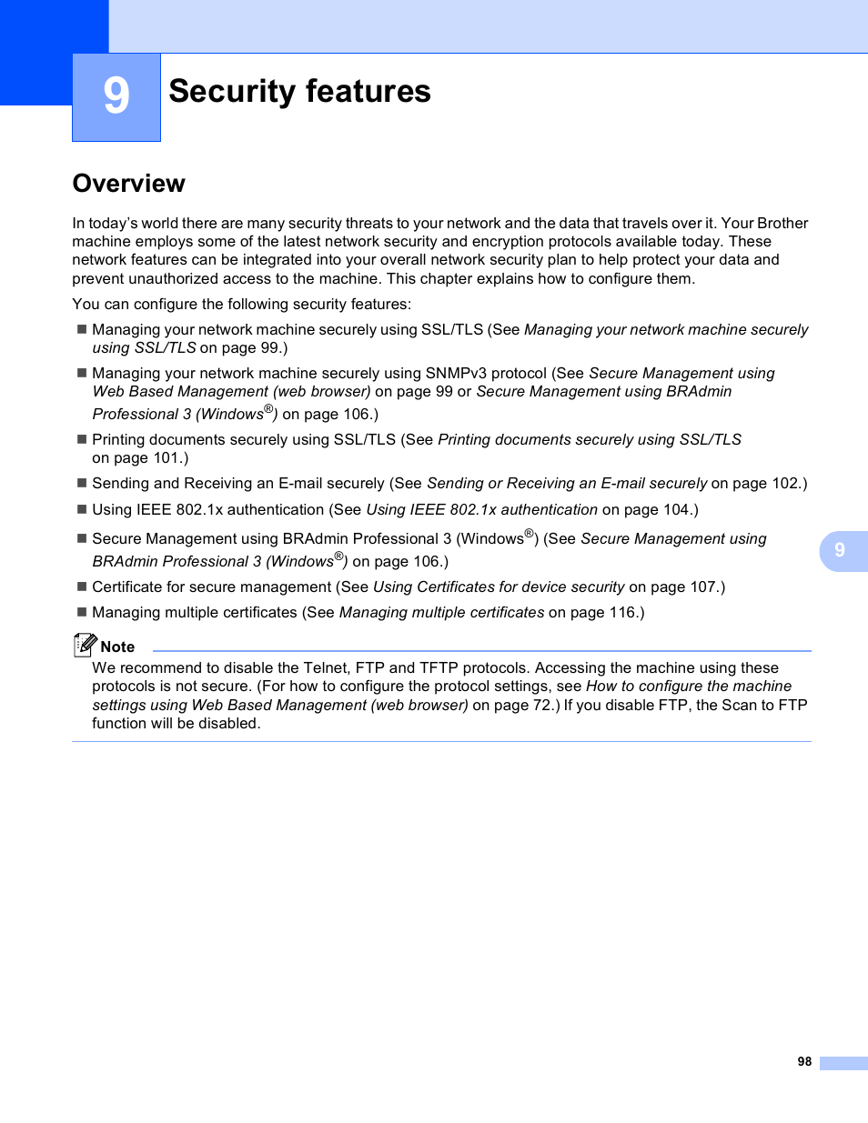 9 security features, Overview, Security features | Brother MFC 9970CDW User Manual | Page 103 / 163